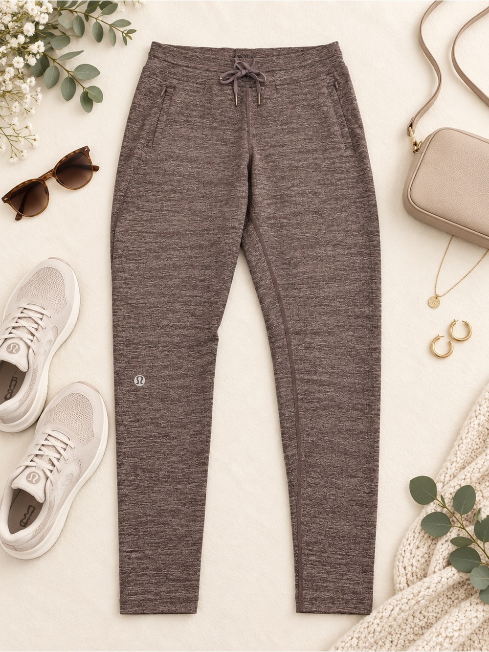 Lululemon Wool Blend Heathered Brown Pants Size 10 Drawstring Zip Pockets